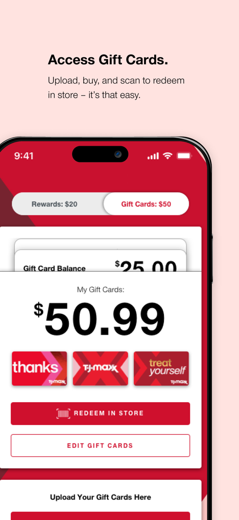T.J.Maxx mobile app screen showing digital gift card balances and a button to redeem in store.