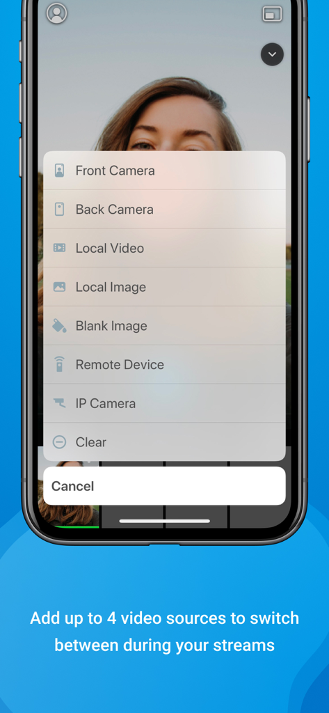 ManyCam - Easy live streaming. - ライブ配信のためにカメラやローカルファイルなどの複数のビデオソースを追加するメニューを表示するManyCamアプリのインターフェース。