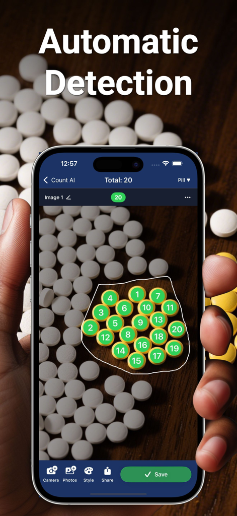 Count Things: Photo Counting - Smartphone app screen showing automatic identification and numerical counting of pharmaceutical pills on a wooden surface.