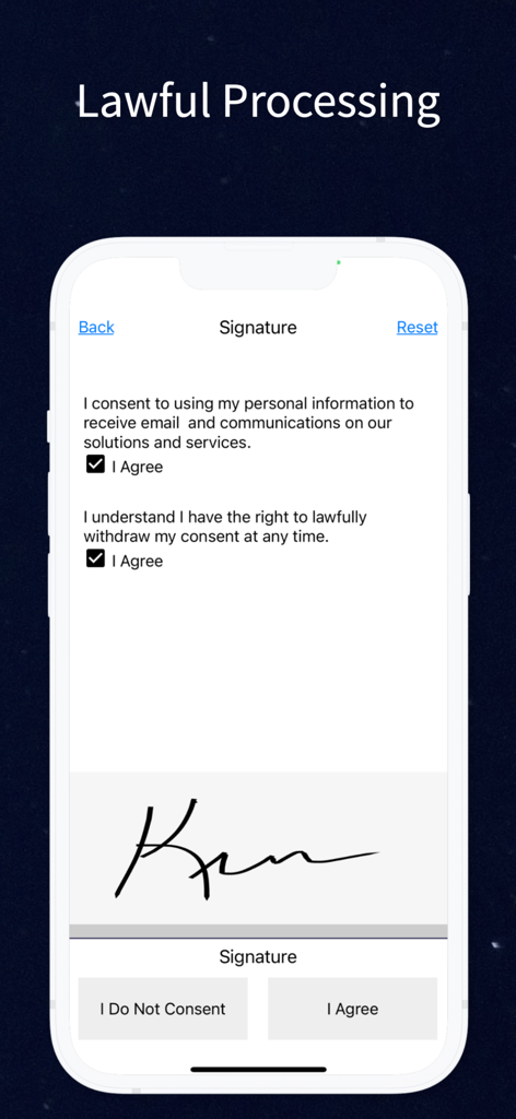 Visione Scan app interface showing a digital signature pad and consent checkboxes for lawful data processing.