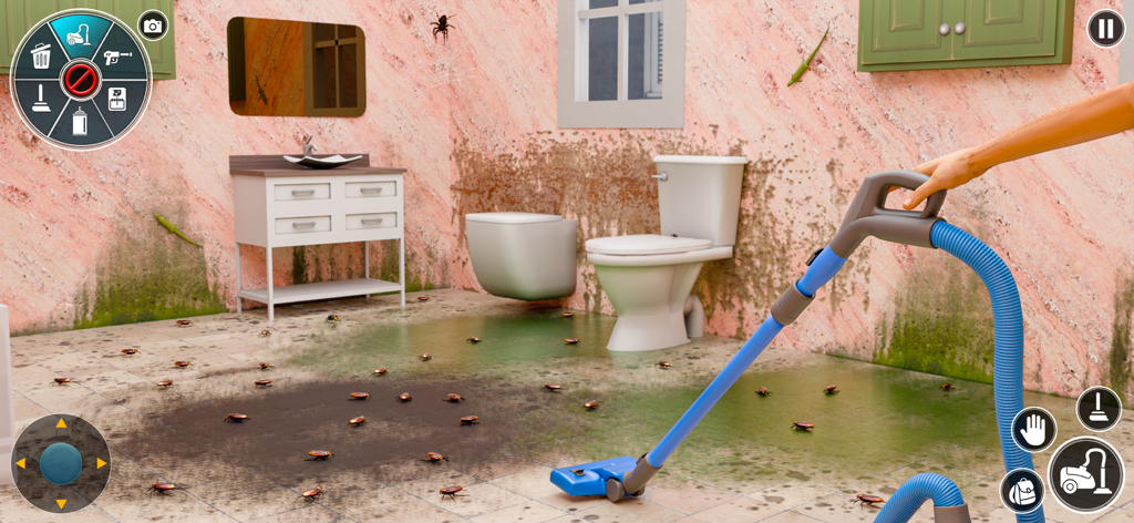 Un jugador usa una aspiradora para limpiar cucarachas y suciedad en un baño desordenado