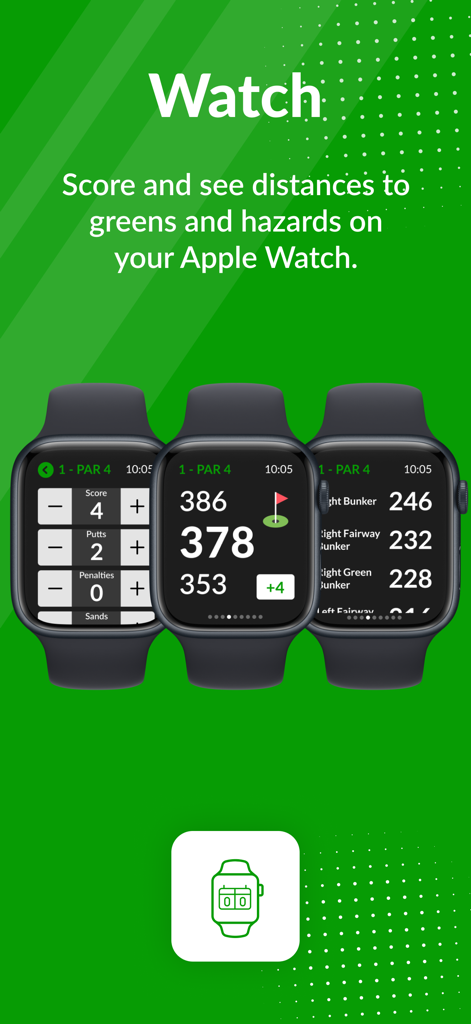 BEEZER GOLF app interface on Apple Watch showing scores and GPS distances