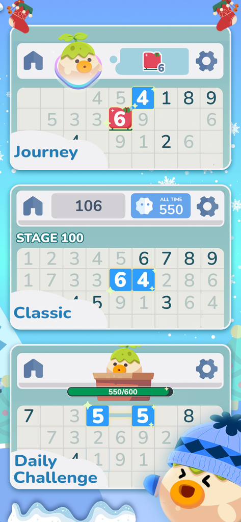 Interface of NumMatch showing Journey, Classic, and Daily Challenge puzzle modes