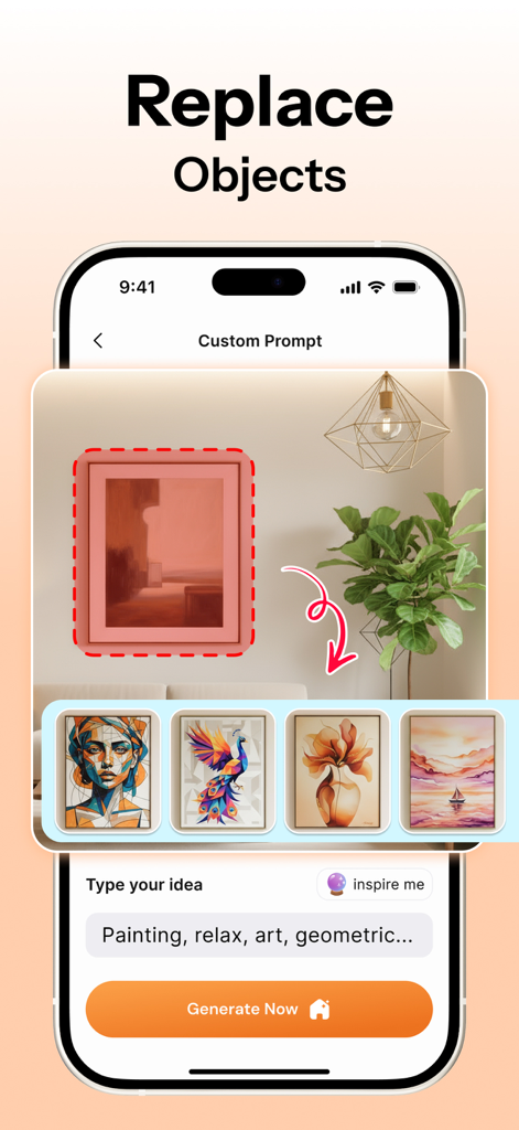 HomeMagic: AI Interior Design - Smartphone screen showing the AI object replacement feature for swapping wall art styles in a room.