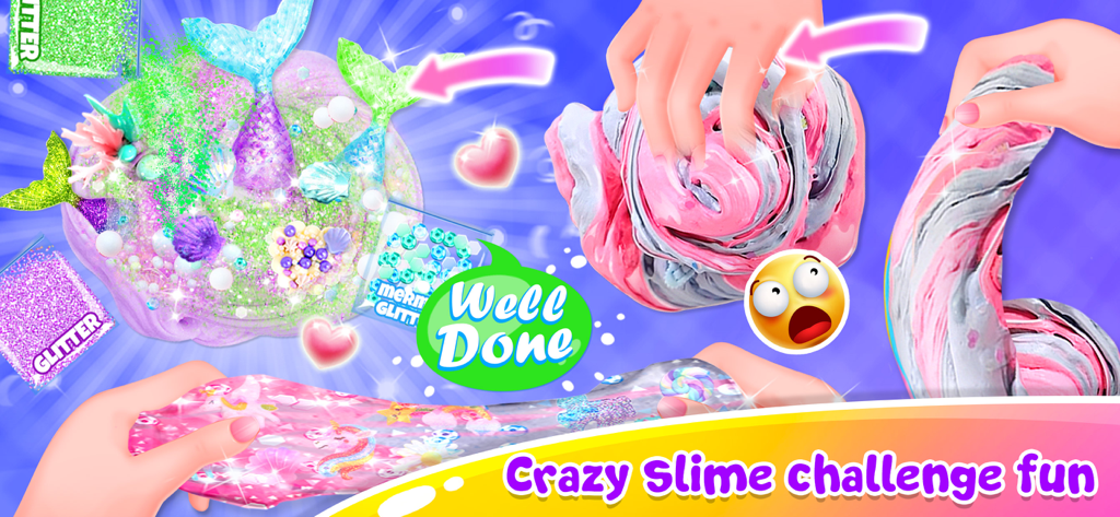 Gameplay of Slimeatory showing colorful slime with mermaid decorations and glitter
