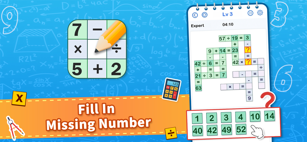 Cross Math - Math Game - Gameplay screen of Cross Math puzzle showing a grid of equations where players fill in the missing numbers.