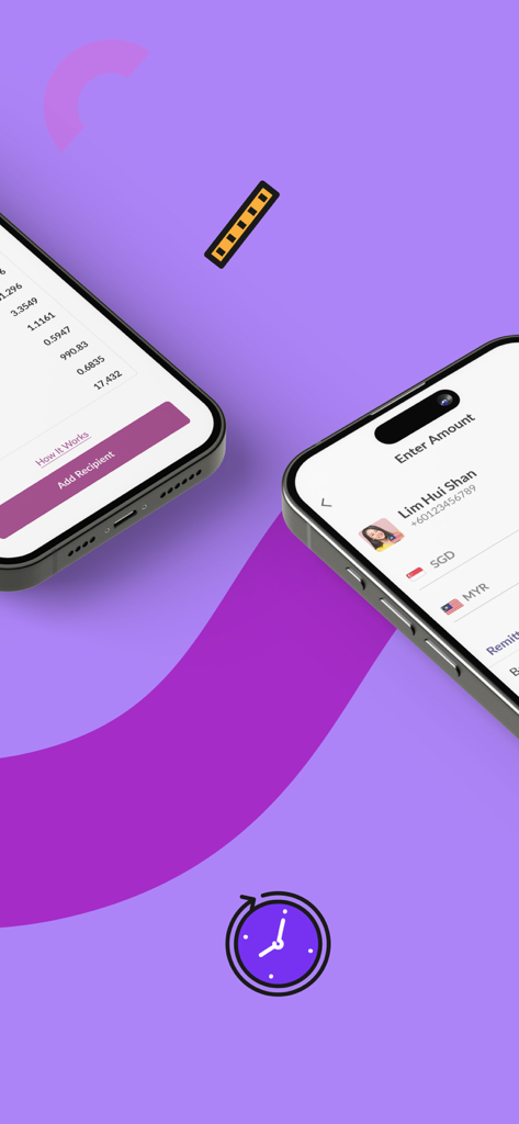 Singtel Dash - Two smartphones displaying the Singtel Dash app interface with exchange rates and a remittance transfer screen to Malaysia