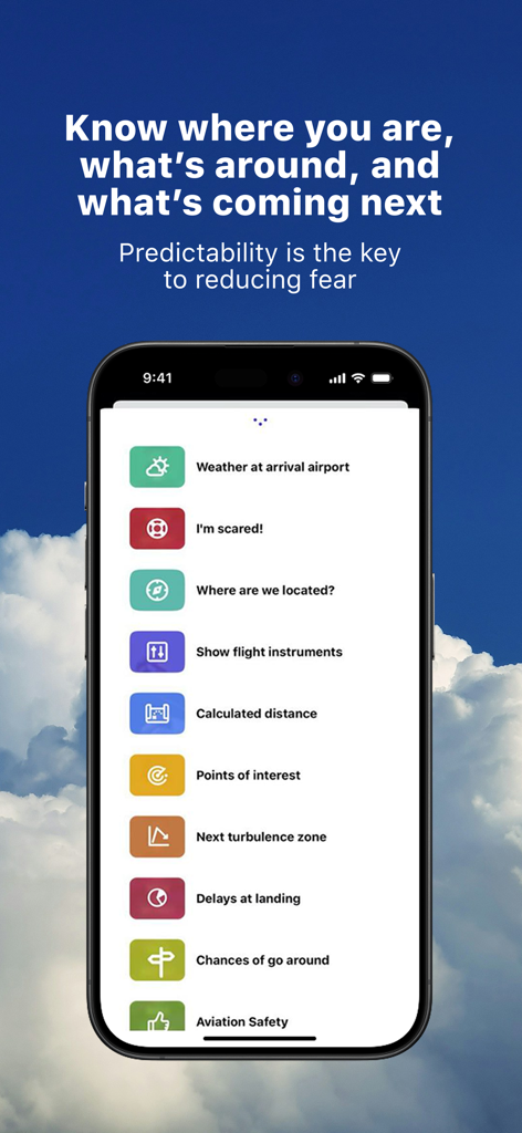 Sky Guru Fear of flying help - Interfaz de la aplicación SkyGuru que muestra características del vuelo como zonas de turbulencia, clima de llegada e información de seguridad de la aviación.
