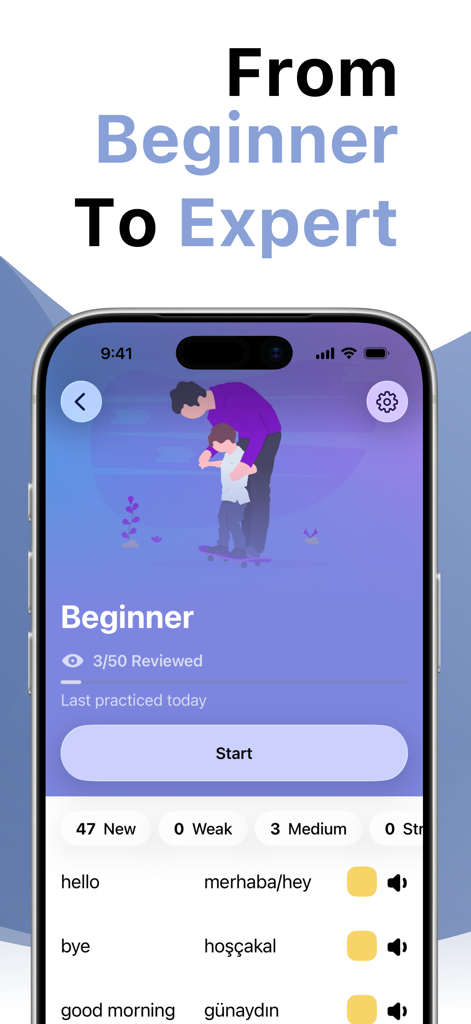 Una pantalla de lección de vocabulario para principiantes en la app Aprende Turco con LENGO que muestra saludos básicos