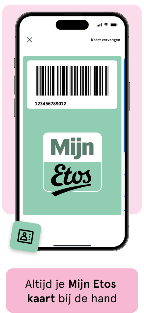 Ein Smartphone zeigt die digitale Etos-Kundenkarte mit einem Barcode zum Scannen in Geschäften.