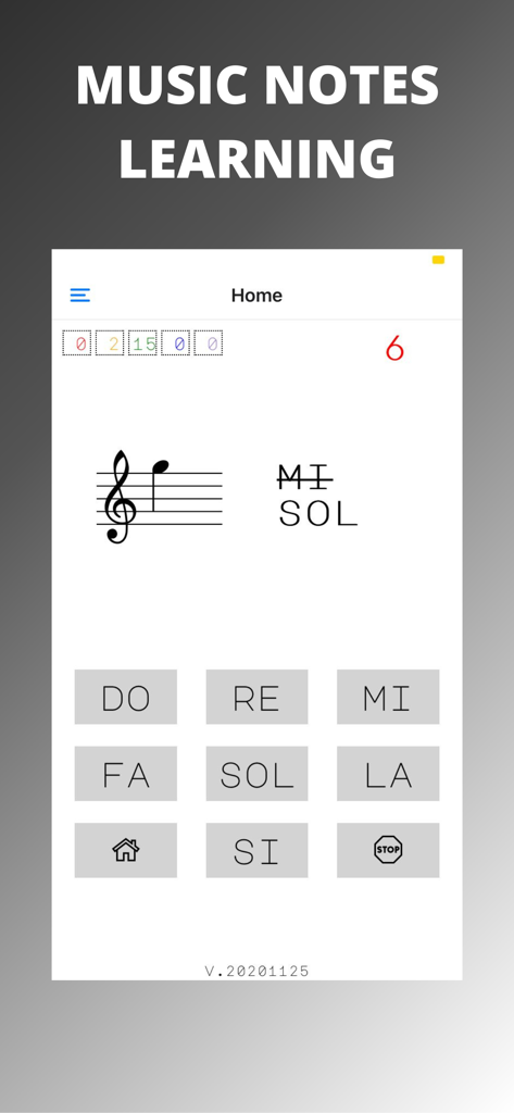 Music Notes Learning App - A quiz screen in the Music Notes Learning App displaying a treble clef staff and solfege naming buttons.