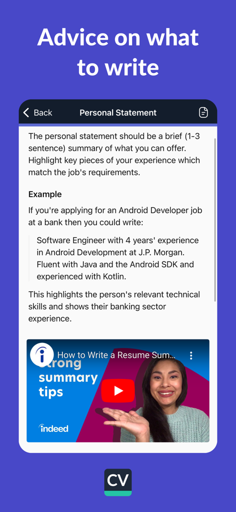 Resume Builder app interface showing professional writing tips and examples for a personal statement