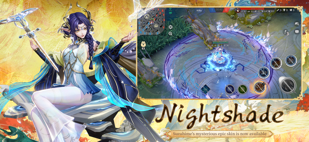 Arte del personaje Suzuhime y jugabilidad mostrando la skin épica Sombra Nocturna en Onmyoji Arena.