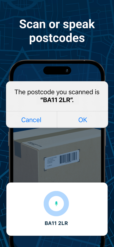 A smartphone screen showing the Delm8 app scanning a postcode from a delivery box using camera and voice recognition.