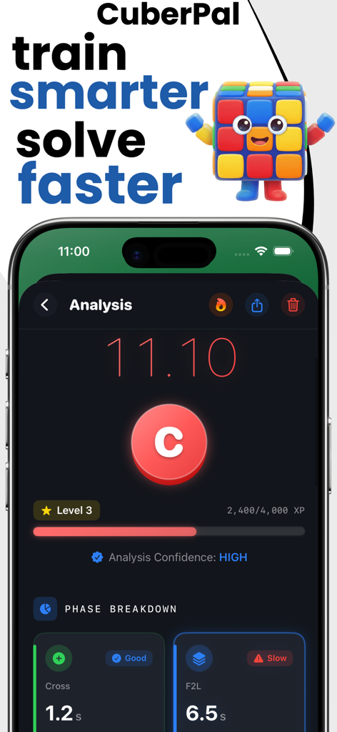 CuberPal: Cube Timer & Coach - CuberPal app interface showing speedcube solve analysis and time breakdown