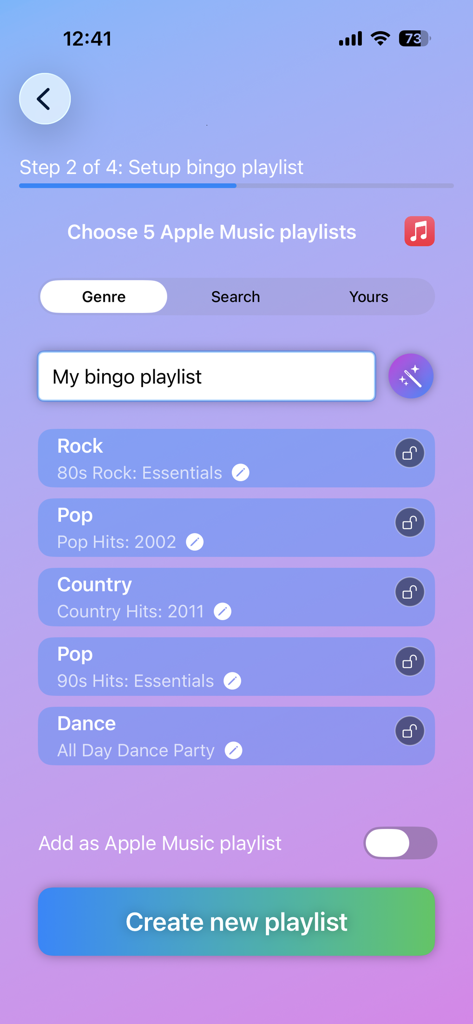 Interfaz para elegir listas de reproducción de Apple Music por género para crear un juego de bingo personalizado.