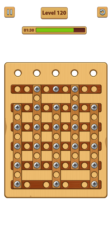 Captura de pantalla de jugabilidad de Nuts Bolts ASMR que muestra un nivel de puzzle de tornillos y tuercas de madera con varios tornillos y barras de madera.
