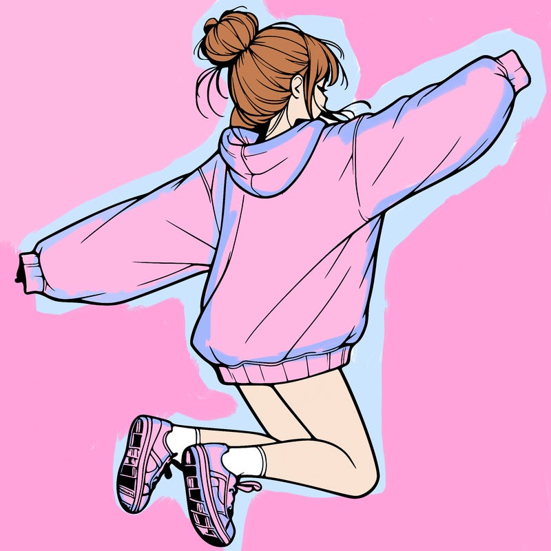 realistic girl jumping with a bun and oversized sweatshirt