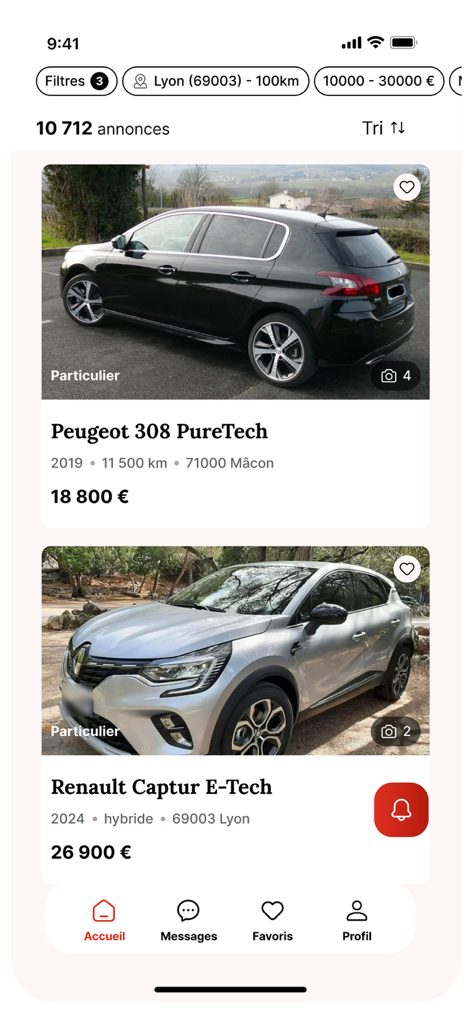 Resultados de búsqueda de coches usados en Lyon, Francia, en la aplicación móvil ParuVendu con anuncios de Peugeot y Renault