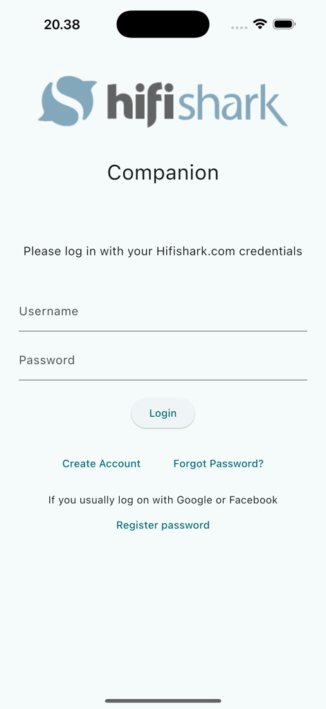 Hifishark Companion - Login screen for the Hifishark Companion app