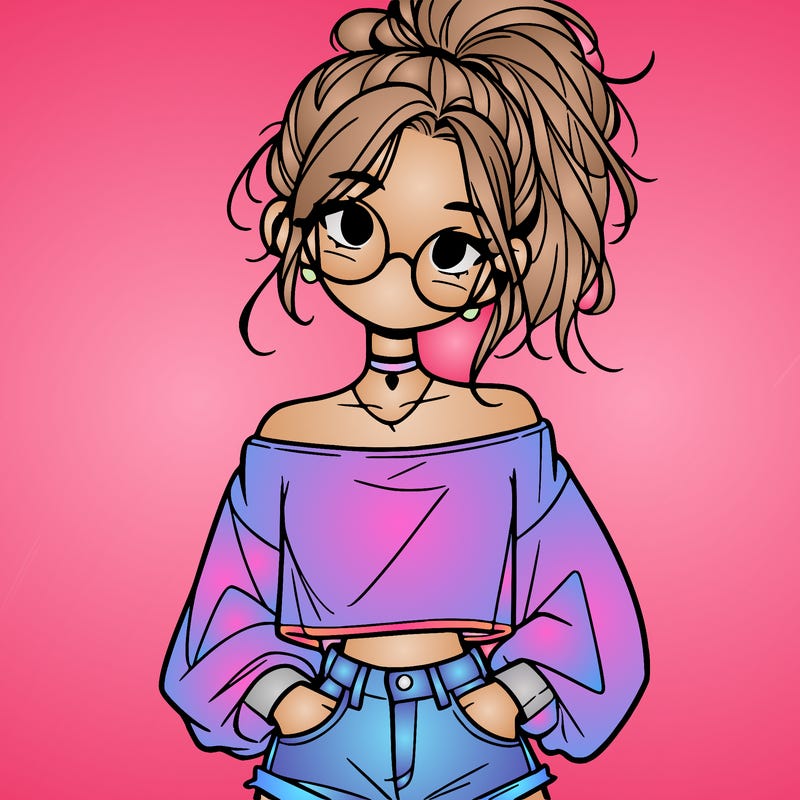girl with a messy ponytail glasses a baggy crop top and jean shorts