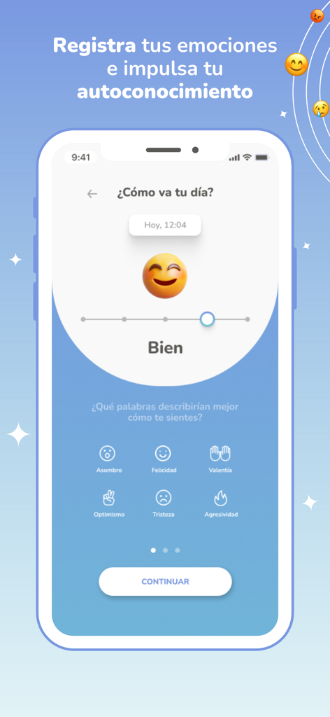 Müud - Smartphone screen displaying the Muud app emotional check in interface with a happy emoji