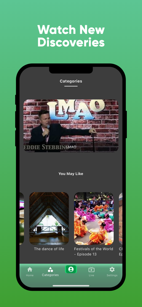 Amazing Videos Pro - Unlimited - Mobile app interface showing curated video categories like comedy and global festivals under a Watch New Discoveries headline.