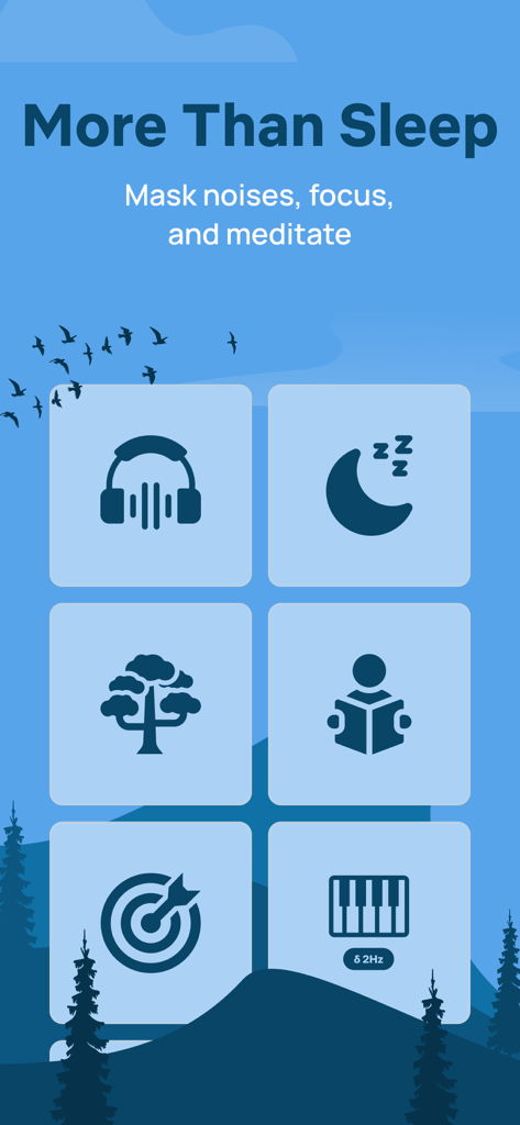 Baby Sleep White Noise Machine - App screen showing icons for noise masking, focus, meditation, and sleep sounds.