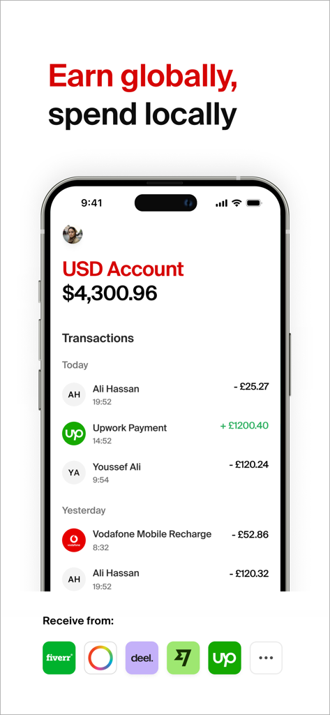 Tela de smartphone exibindo saldo da conta nsave USD e histórico de transações internacionais