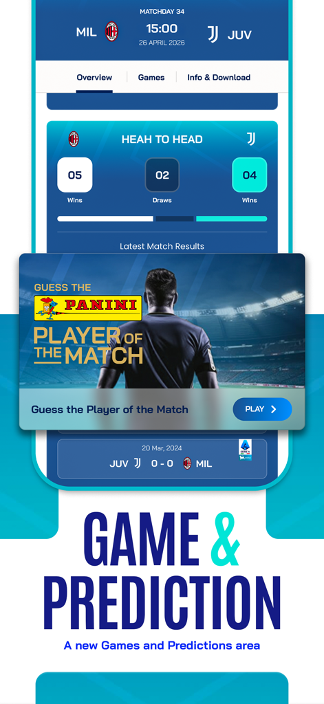 Sezione di pronostici e partite dell'app Lega Serie A con statistiche di partita e concorso per il giocatore della partita