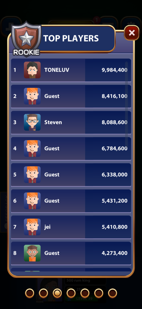 Rummy 500 Classic Card Game - Top players leaderboard screen in Rummy 500 Classic Card Game showing rankings and scores.