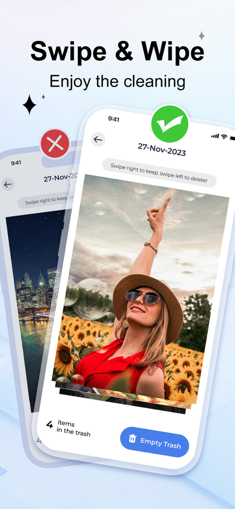 Spark Cleaner: Clean Storage - Spark Cleaner app interface showing the swipe-based photo cleaning feature
