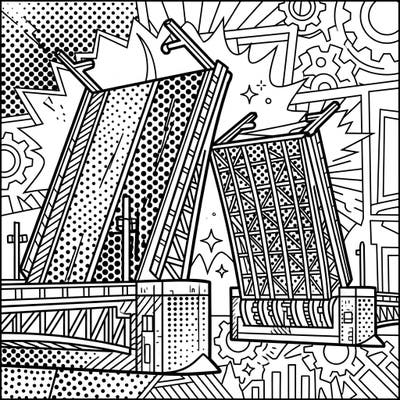 Experience the architectural marvel of bascule bridges through the electrifying lens of Pop Art. This unique coloring page combines engineering grandeur with a retro comic book aesthetic.