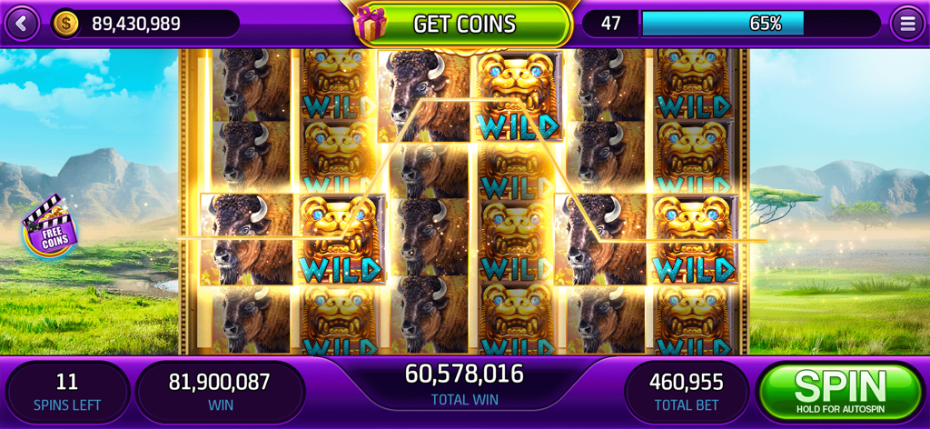 FunWave Slots & Jackpot Casino - Gameplay screenshot of FunWave Slots showing a buffalo-themed machine with a large coin win and wild symbols.