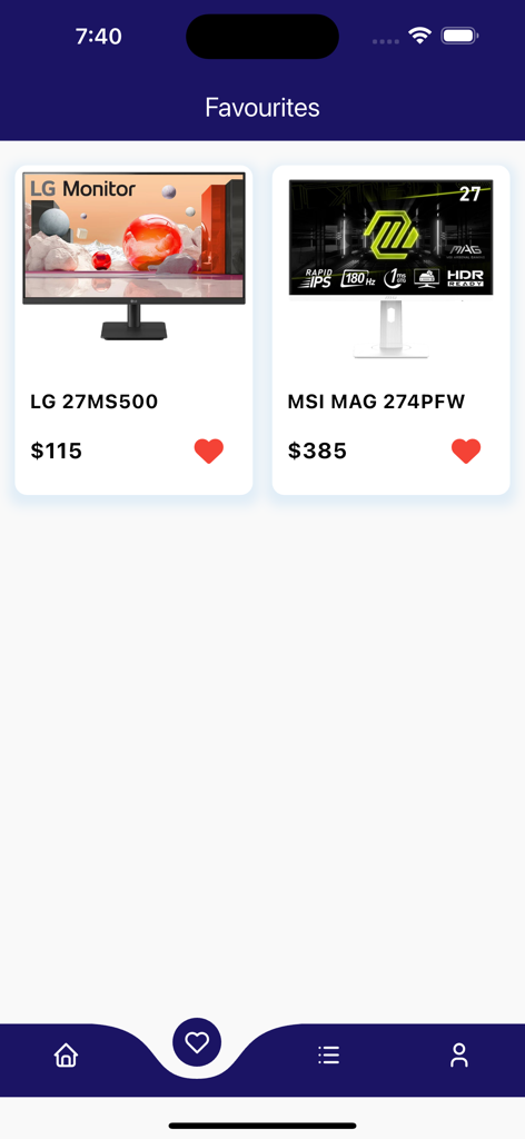 Darin Game - Darin Game app favorites screen showing LG and MSI gaming monitors with prices