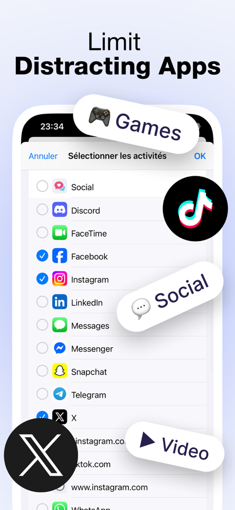 A mobile interface for selecting social media and gaming apps to be blocked during prayer times.