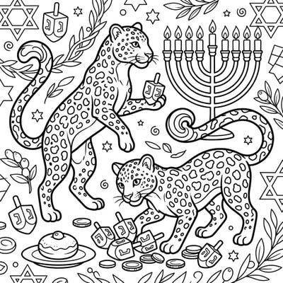 Discover a truly unique celebration with our Hanukkah leopards coloring page! This delightful design combines agile spotted cats with the festive symbols of the Festival of Lights for an exciting creative journey.