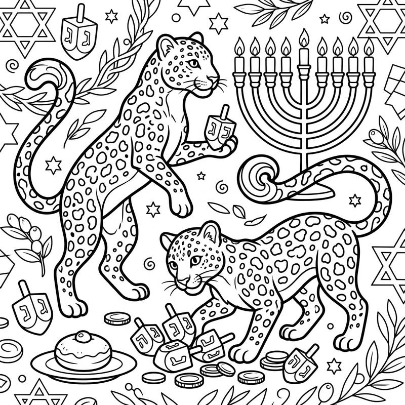 Discover a truly unique celebration with our Hanukkah leopards coloring page! This delightful design combines agile spotted cats with the festive symbols of the Festival of Lights for an exciting creative journey.