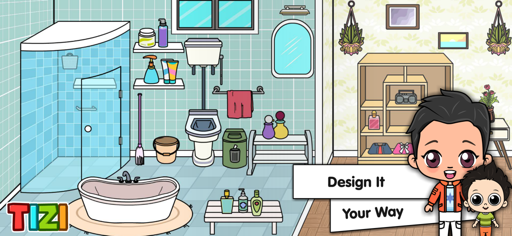 A bright cartoon bathroom interior in Tizi Town Mansion showing a shower and tub with the text Design It Your Way.
