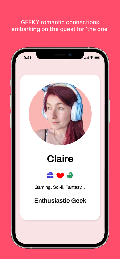 Mobile app screen showing a geek dating profile for Claire with interests in gaming and sci-fi