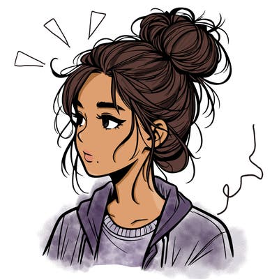 realistic teenage girl with a messy bun