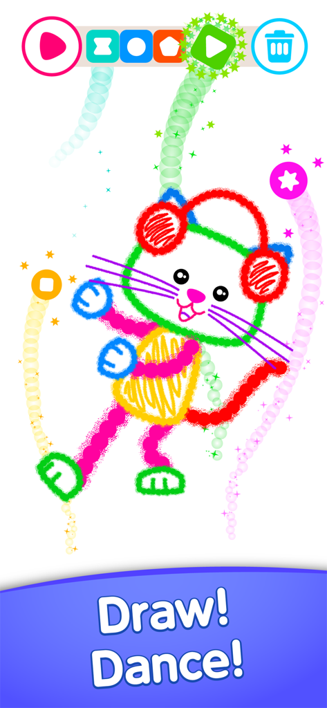Un gato colorido dibujado a mano con auriculares en una aplicación de dibujo para niños con el texto 'Dibuja y Baila'