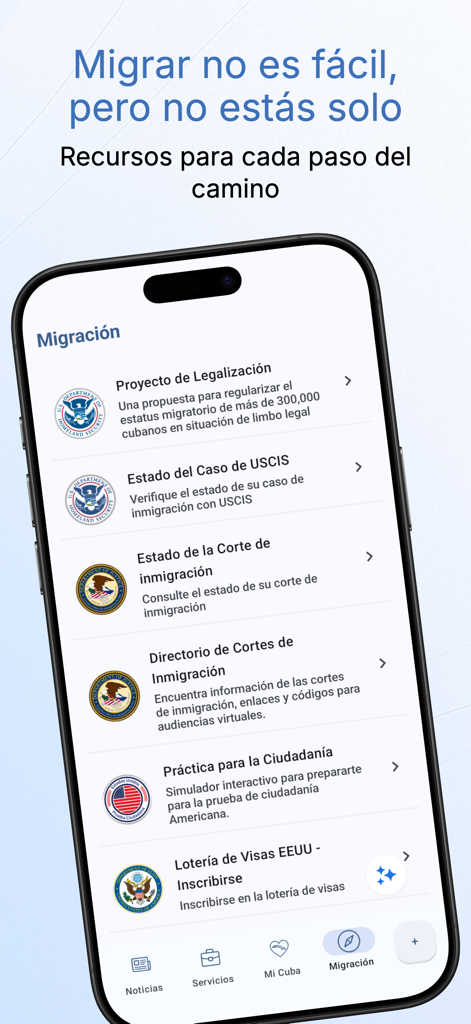 Neo Mambí - Neo Mambi App-Einwanderungsmenü mit USCIS-Fallstatus und Staatsbürgerschaftswerkzeugen