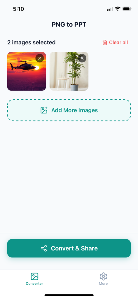 PNG to PPT Converter - Interface of the PNG to PPT Converter app showing selected images ready to be converted into a PowerPoint presentation.
