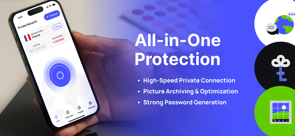 Tech Shield - Protegion - VPN、画像最適化、パスワード生成機能を備えたTech Shield Protegionアプリのインターフェイスが表示されたiPhoneを持つ手