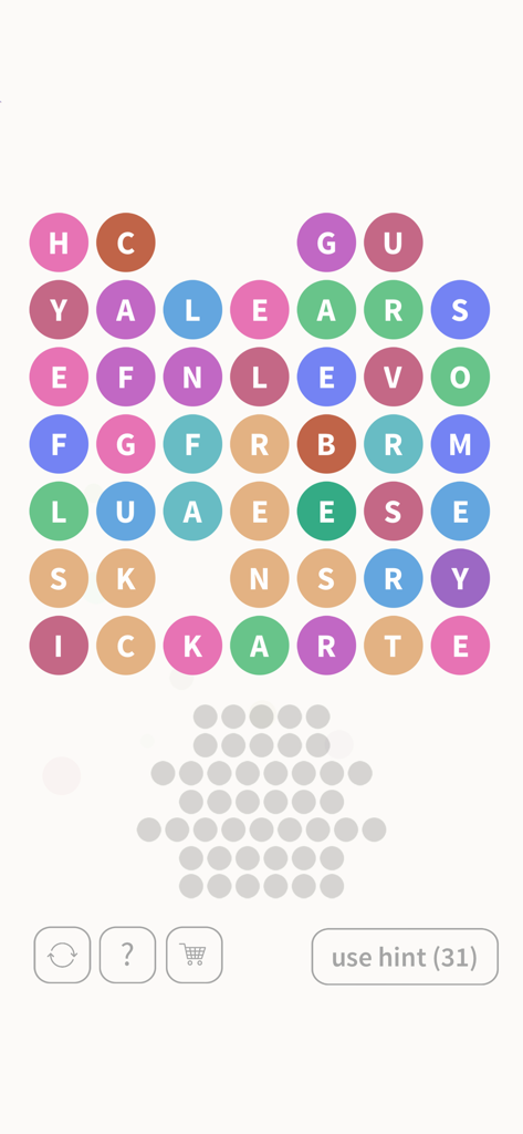 WordBubbles! - Gameplay screen of WordBubbles showing a grid of colorful letter bubbles for solving word puzzles.