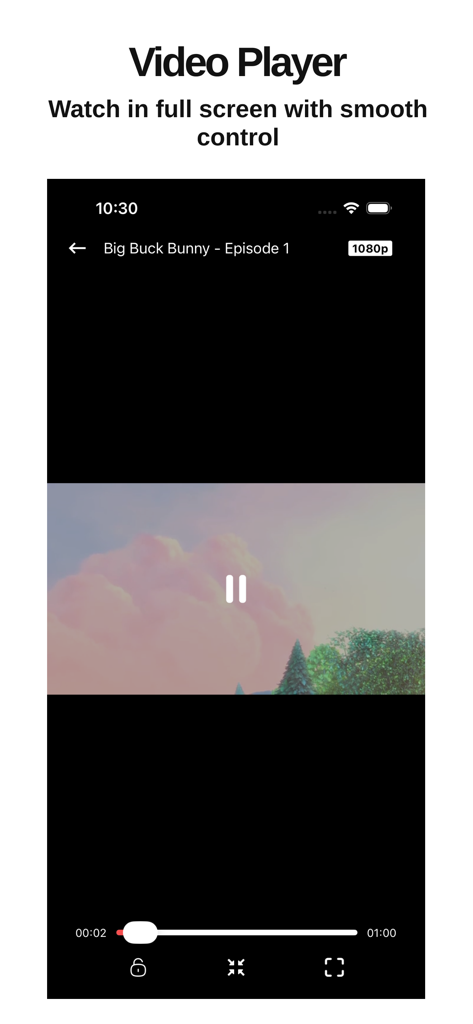 Lecteur vidéo SunPlay montrant la lecture en plein écran avec des commandes fluides.