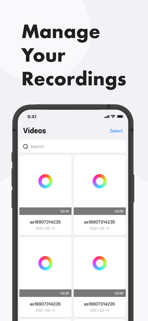 A screen showing the video library and management interface of the Awesome Screen Recorder app