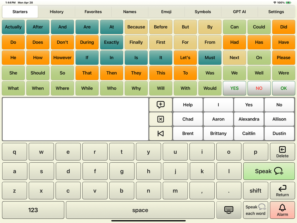 AI Communicator - AI Communicator AAC app interface on iPad featuring word starters and a communication keyboard