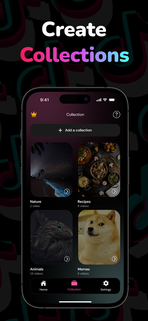 Interfaz de la aplicación Tick Video Saver mostrando colecciones de videos categorizados como Recetas de Naturaleza y Memes
